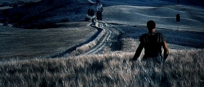 General Maximus walking in the fields towards his family