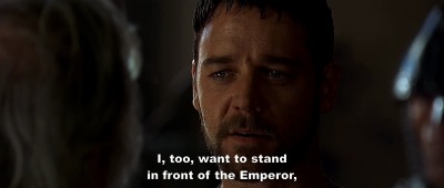 Gladiator requesting Proximo to stand in front of the Emperor
